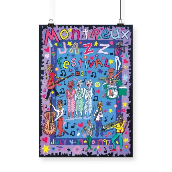 Poster James Rizzi, 1997: Vibrant Montreux Jazz Festival artwork with cartoon animals playing instruments and singing on stage, bold text, and lively music notes in James Rizzi’s playful style.