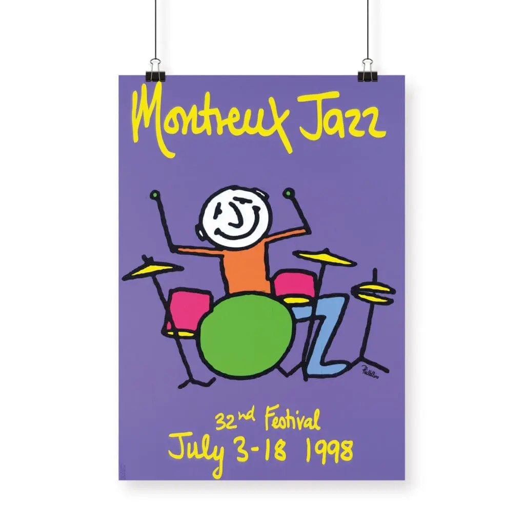 Poster Phil Collins, 1998: Features a colorful cartoon drummer on a purple background with yellow handwritten text "Montreux Jazz, 32nd Festival, July 3-18 1998.