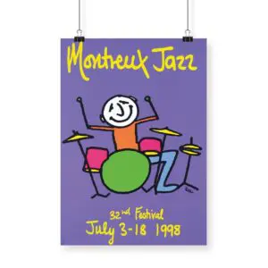 Poster Phil Collins, 1998: Features a colorful cartoon drummer on a purple background with yellow handwritten text "Montreux Jazz, 32nd Festival, July 3-18 1998.