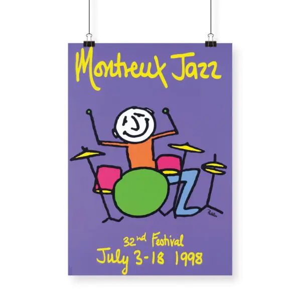 Poster Phil Collins, 1998: Features a colorful cartoon drummer on a purple background with yellow handwritten text "Montreux Jazz, 32nd Festival, July 3-18 1998.