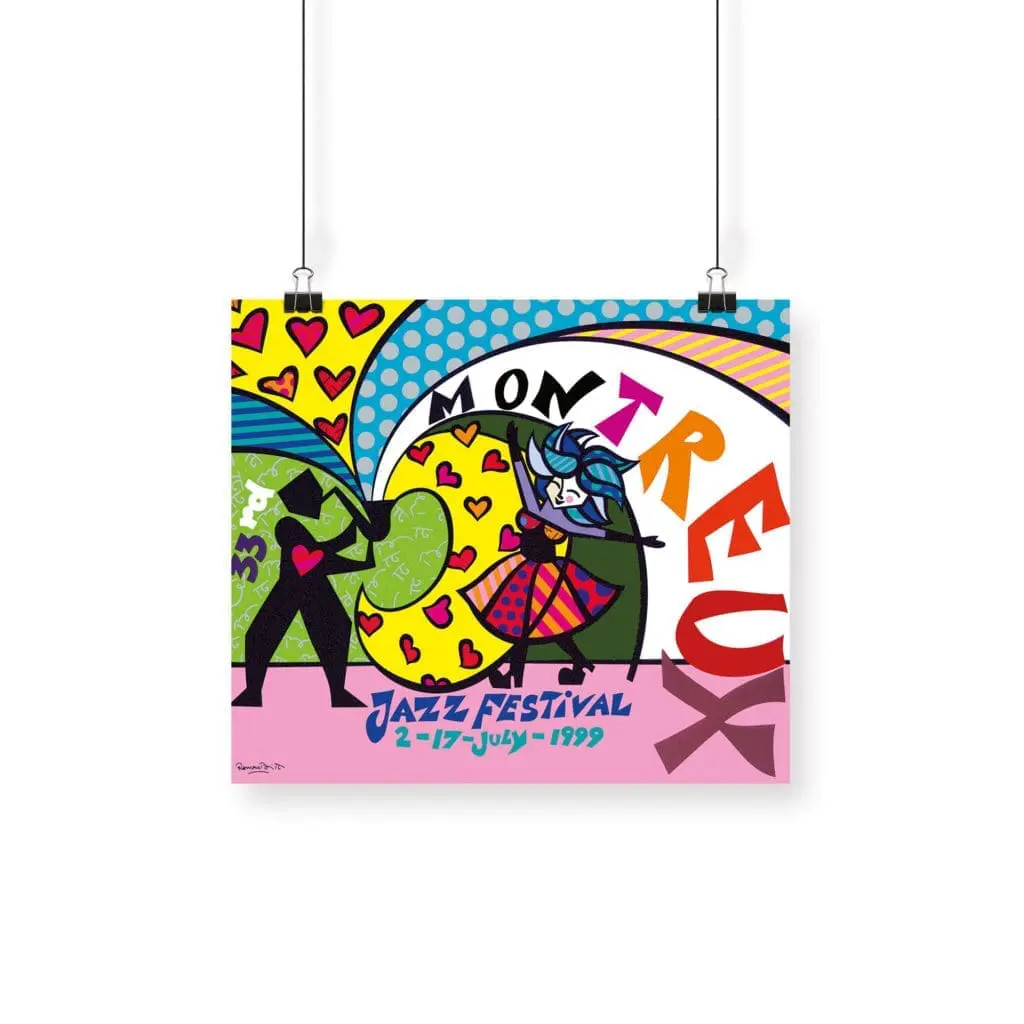 Poster Romero Britto, 1999: Features two abstract figures with instruments, a large heart, and bold “Montreux Jazz Festival 2–17 July 1999” text on a colorful, patterned background.