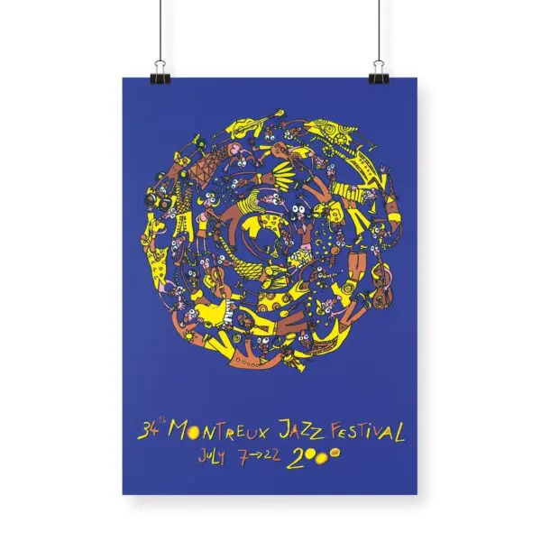 Poster Albin Christen, 2000: Created for the 34th Montreux Jazz Festival (July 7-22), this poster features yellow and orange abstract swirls with musical instruments and faces on a blue background, plus handwritten yellow text.