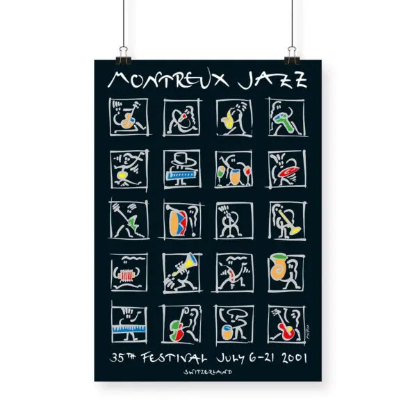 Poster Matthias Winkler, 2001: Features stylized, abstract musician illustrations in a grid for the 35th Montreux Jazz Festival, July 6–21, 2001, Switzerland.