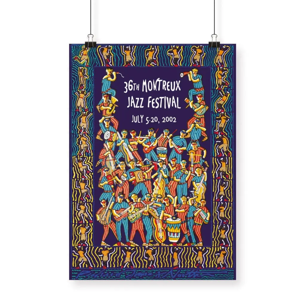 Poster Richard James North, 2002: created for the 36th Jazz Festival (July 5–20, 2002), showcases colorful abstract musicians and a vibrant patterned border on a dark blue background.