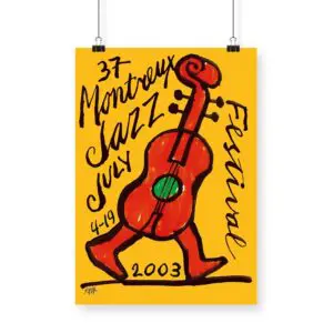 Bright yellow Poster Ted Scapa, 2003 for the 37th Montreux Jazz Festival, July 4–19, with an abstract red double bass with legs, surrounded by black handwritten-style text.