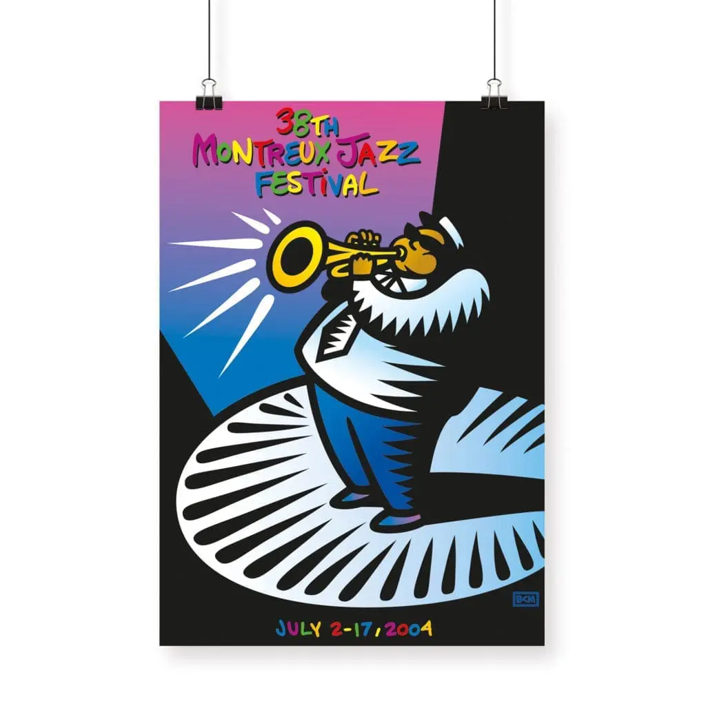 The Poster Burton Morris, 2004, is a colorful limited edition for the 38th Montreux Jazz Festival, depicting a trumpet player in a hat and suit on stage, with event details above and "July 2–17, 2004" at the bottom.