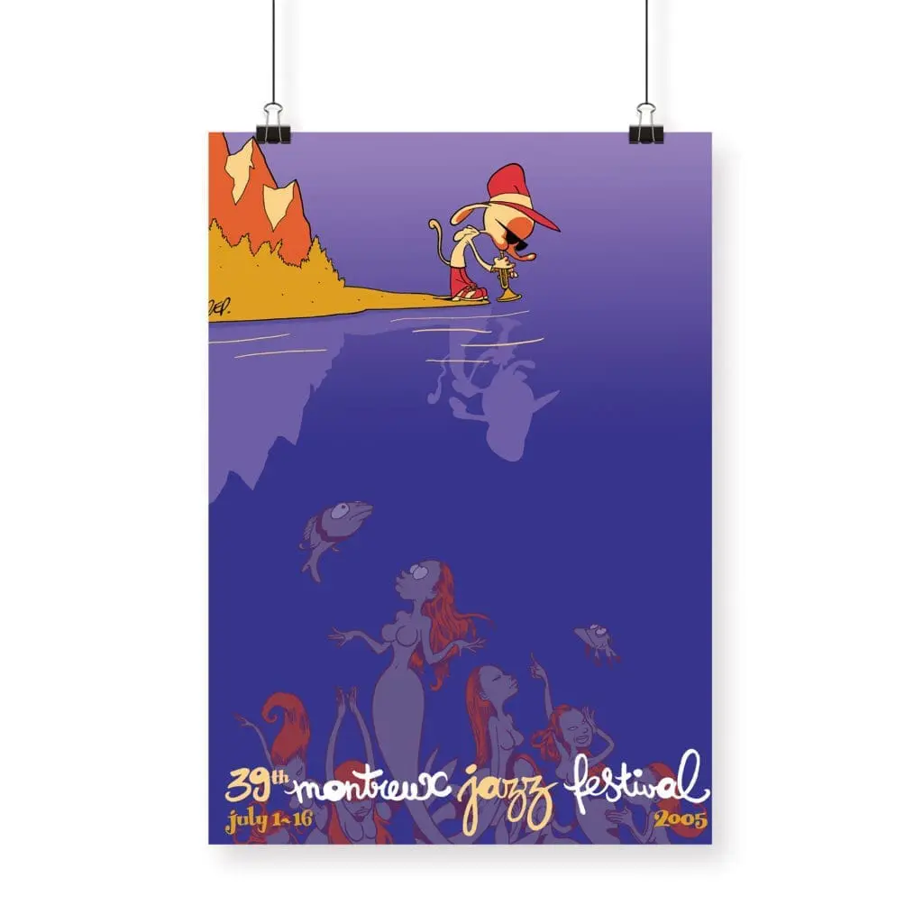 Affiche Zep, 2005 : Un chat de dessin animé coiffé d'un chapeau joue de la guitare au sommet d'une falaise à l'occasion du 39e Festival de jazz de Montreux (du 1er au 16 juillet 2005). Son reflet révèle des sirènes et des poissons sous la surface.