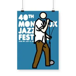 The "Poster Julian Opie, 2006 - Blue" celebrates the 40th Montreux Jazz Festival with a faceless figure singing on a blue background and bold white text for the event's name and dates: June 30 – July 15, 2006.
