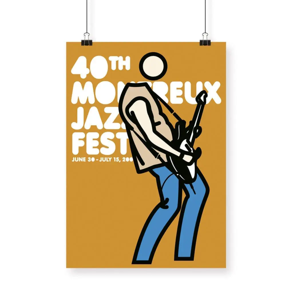 Poster Julian Opie, 2006 - Mustard: Features a minimalist, faceless figure with an electric guitar on a gold background for the 40th Montreux Jazz Festival, held June 30–July 15, 2006, with bold white event dates.