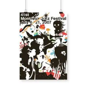 Poster Katrín Ólina, 2007: Features abstract, colorful, and black silhouettes of whimsical creatures, plants, and musical elements on a crisp white background for the 41st Montreux Jazz Festival (July 6–21, 2007).