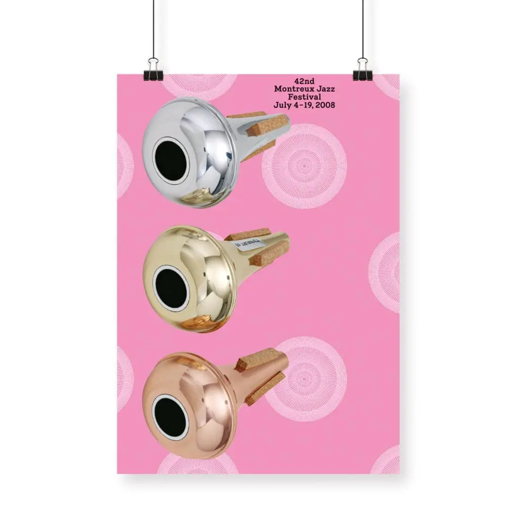 The Poster John M Armleder, 2008 features silver, gold, and bronze trumpet valves on a pink background with circles, plus “42nd Montreux Jazz Festival July 4-19, 2008” text at the top right.