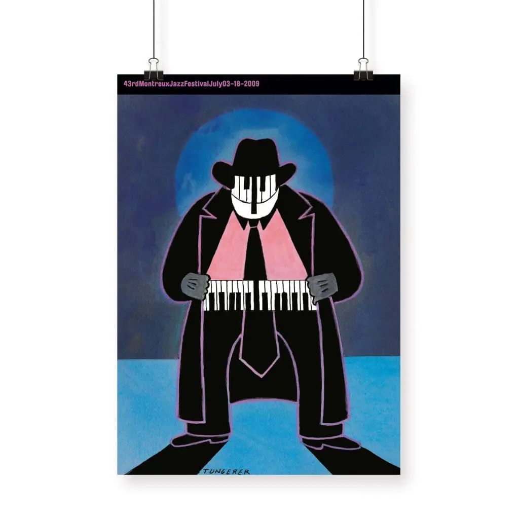 A stylized illustration inspired by the 2009 "Poster Tomi Ungerer": a faceless figure in black suit and hat holds a keyboard, piano keys as its mouth, with a blue background and large moon, evoking Montreux’s jazz spirit.