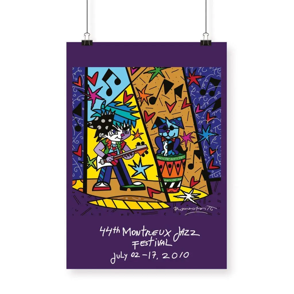 The Poster Romero Britto, 2010, features vibrant cartoon musicians playing guitar and drums on stage with colorful notes and stars. It includes the text: 44th Montreux Jazz Festival, July 02-17, 2010.