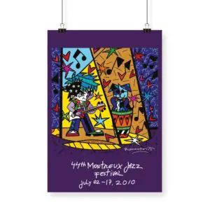 The Poster Romero Britto, 2010, features vibrant cartoon musicians playing guitar and drums on stage with colorful notes and stars. It includes the text: 44th Montreux Jazz Festival, July 02-17, 2010.