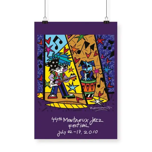The Poster Romero Britto, 2010, features vibrant cartoon musicians playing guitar and drums on stage with colorful notes and stars. It includes the text: 44th Montreux Jazz Festival, July 02-17, 2010.