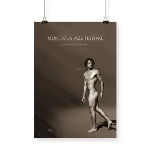 Poster Greg Gorman, 2012: A sepia poster for the Montreux Jazz Festival shows a nude man on sand, with "LISTEN," the 2012 festival dates above, and "46" in the lower left corner.