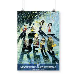 Poster Oscar Oiwa, 2013: Designed for the 47th Montreux Jazz Festival held July 5-20, it features cartoon musicians on a blue abstract background with the festival name in bold letters.