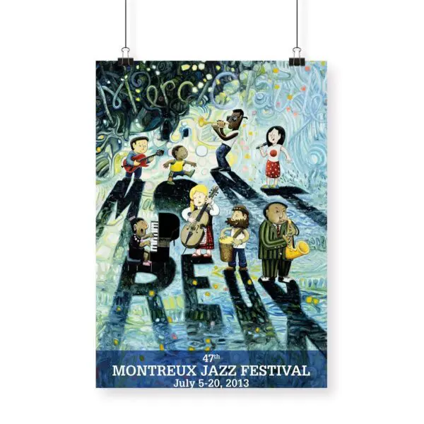Poster Oscar Oiwa, 2013: Designed for the 47th Montreux Jazz Festival held July 5-20, it features cartoon musicians on a blue abstract background with the festival name in bold letters.