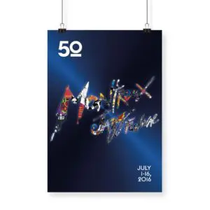 The Poster Giovanni Riva, 2016 features dark blue tones, colorful text, event dates July 1-16, 2016, and a bold "50" at the top left, celebrating the 50th Montreux Jazz Festival.