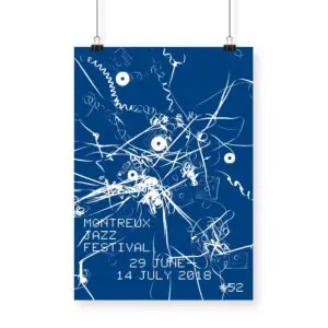 Poster Christian Marclay, 2018: Abstract blue design with white tangled audio cords, cassette tapes, and audio jacks. Text: Montreux Jazz Festival, 29 June - 14 July 2018, #52.
