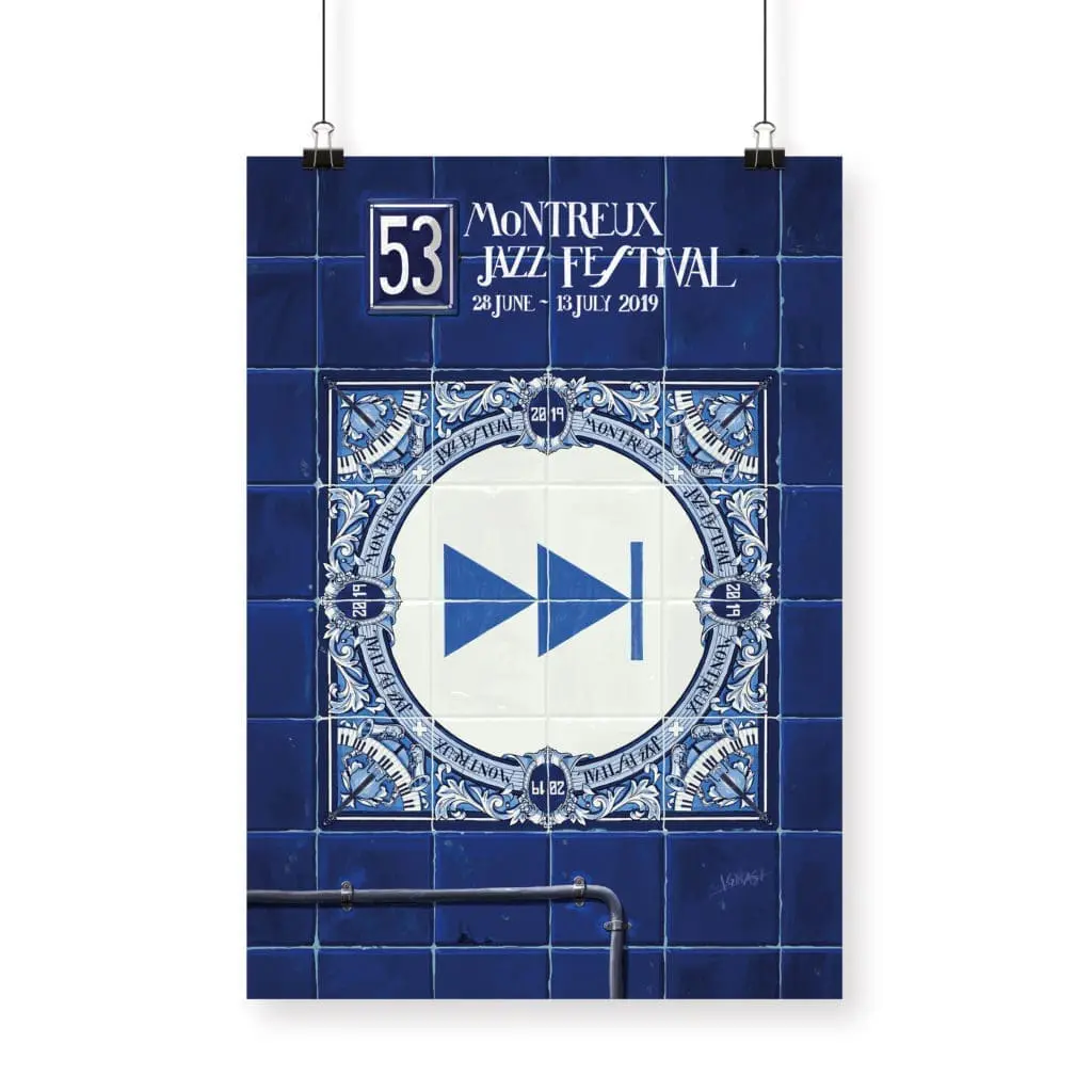 The Poster Ignasi Monreal, 2019 - Forward features blue tiles, a white circle with a blue fast-forward symbol, and two visible hanging clips, created for the 53rd Montreux Jazz Festival (June 28–July 13, 2019).