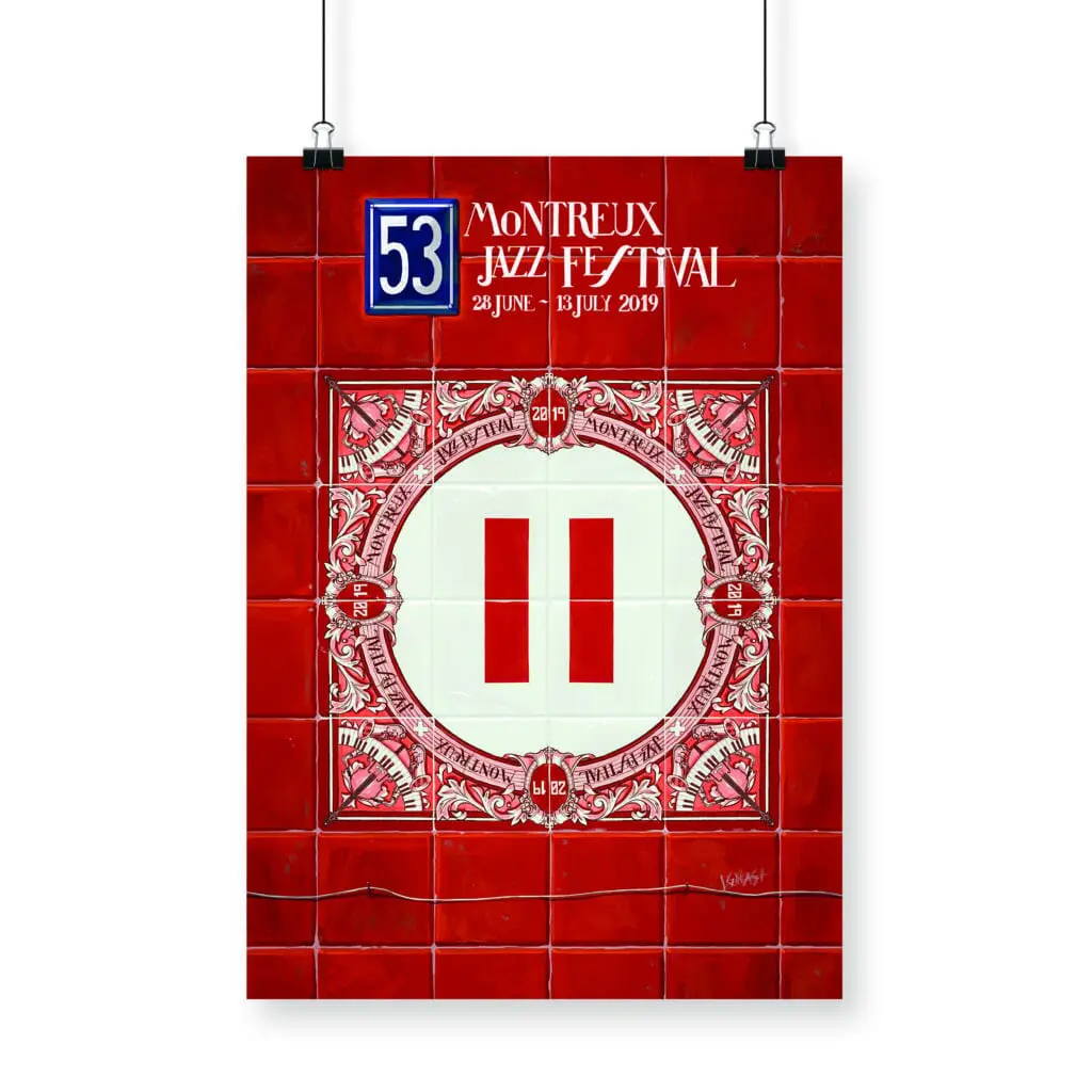 Poster Ignasi Monreal, 2019 - Pause: Artwork for the 53rd Montreux Jazz Festival, showing a red tile background, central white square with red pause symbol, and decorative patterns.