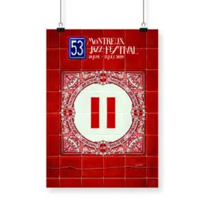 Poster Ignasi Monreal, 2019 - Pause: Artwork for the 53rd Montreux Jazz Festival, showing a red tile background, central white square with red pause symbol, and decorative patterns.