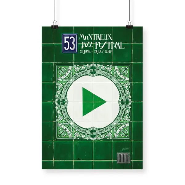 Poster Ignasi Monreal, 2019 - Play: Designed for the 53rd Montreux Jazz Festival, it features a green tiled background, a white circle, and a bold green play button. Event dates: June 28 – July 13, 2019.