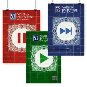 Three posters for the 53rd Montreux Jazz Festival 2019: red with a pause symbol, green with a play symbol, and blue with a fast-forward symbol, each designed with ornate tile-like borders.