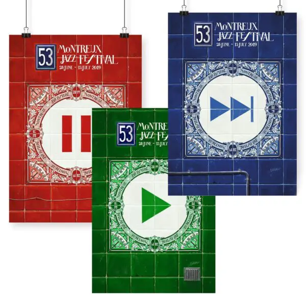 Three posters for the 53rd Montreux Jazz Festival 2019: red with a pause symbol, green with a play symbol, and blue with a fast-forward symbol, each designed with ornate tile-like borders.