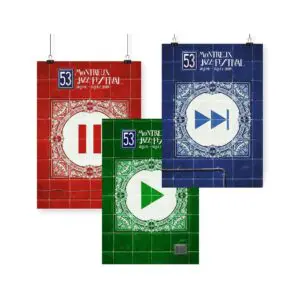 The Poster Ignasi Monreal, 2019 - The collection features three designs with tiled backgrounds: red with a pause symbol, green with a play symbol, and blue with a fast-forward symbol, plus festival dates and the number 53.