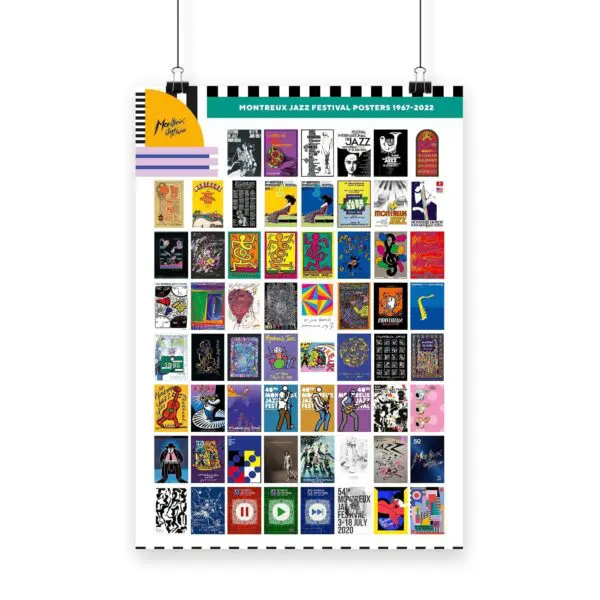 The Poster 1967-2022 displays every Montreux Jazz Festival poster from 1967 to 2022 in a colorful grid, highlighting unique artwork and design from each year.