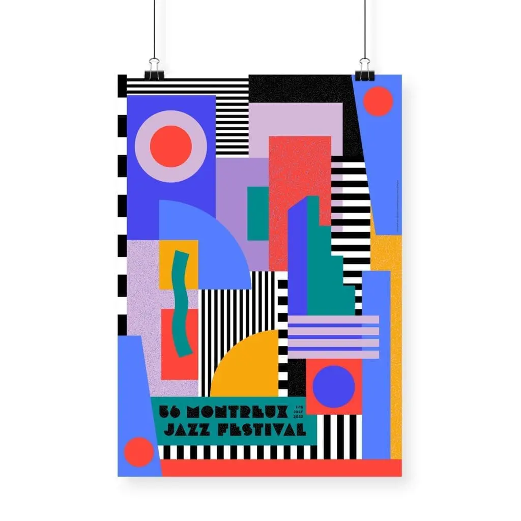 Affiche Camille Walala, 2022 : Une affiche abstraite colorée avec des formes et des motifs géométriques audacieux en bleu, rouge, jaune, vert, violet et noir. La mention "56 Montreux Jazz Festival" est affichée en bas en lettres noires stylisées.