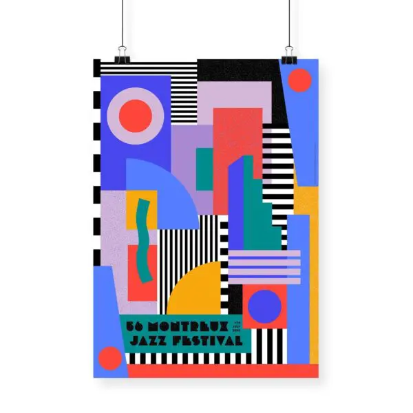 Bold and colorful "Poster Camille Walala, 2022" features geometric shapes, stripes, vibrant hues, and green event text along the bottom, inspired by Camille Walala’s style for the Montreux Jazz Festival's 50th anniversary.