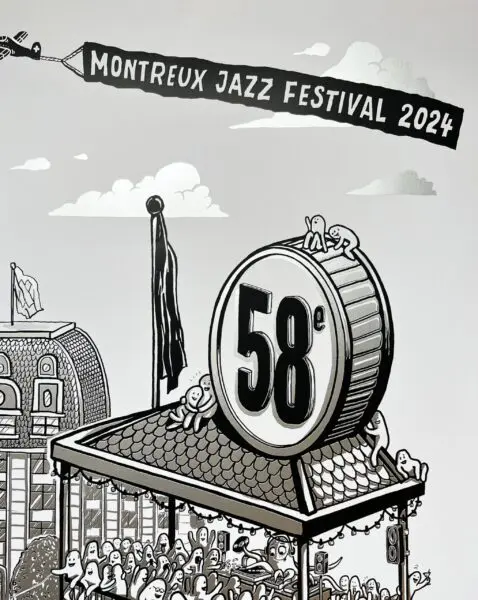 Illustration en noir et blanc d'une foule sur un toit célébrant le 58e Montreux Jazz Festival 2024, avec une grande enseigne en forme de tambour et une bannière dans le ciel affichant le nom du festival. Des personnages ludiques sont disséminés dans l'ensemble de l'image.