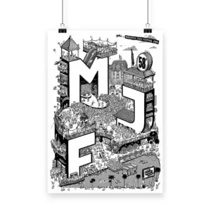 Poster Rylsee, 2024: A black and white illustrated poster for Montreux Jazz Festival 2024, with bold M, J, F letters woven into lively scenes of crowds, musicians, buildings, and festival energy.