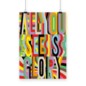 Poster Lakwena, 2025: Bold, multi-colored ALL YOU SEE IS GLORY text with wavy background patterns. Side text features 4-9 JULY 2025 and 59 MONTREUX JAZZ FESTIVAL.