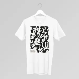 T-Shirt Malika Favre, 2017: White tee on a hanger with an abstract black and white graphic and "1978 Monterey Jazz Festival, 21st Annual" in small text at the lower left. Light gray background.