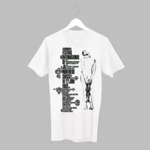 The T-Shirt Eric Wondergem, 1969, displays black graphic text and a nude figure holding an object, inspired by details and the lineup from the 1969 Montreux Jazz Festival.