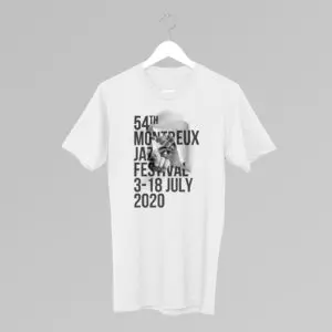 T-Shirt JR, 2020 on hanger with 54th Montreux Jazz Festival 3-18 July 2020 in black text over a grayscale saxophonist’s face. White shirt; background is light gray with diagonal lines.