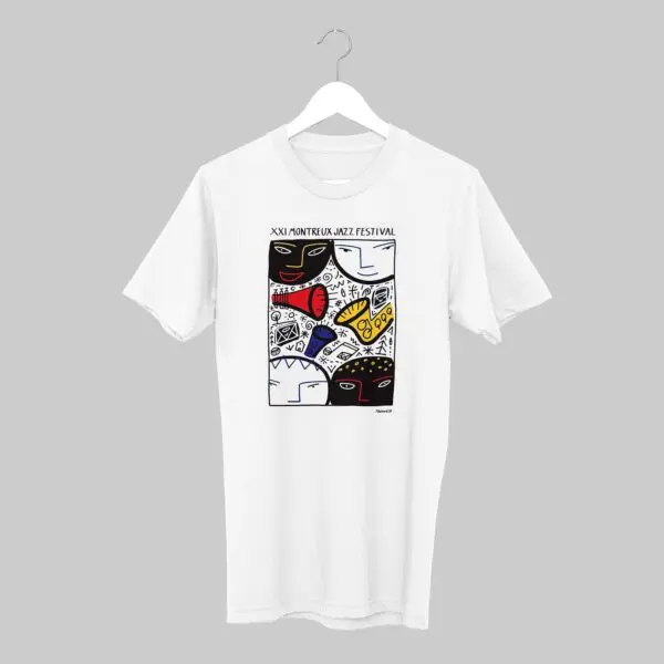 The T-Shirt François Boisrond, 1987, hangs against a light gray background, featuring a colorful abstract graphic of faces and instruments with the text "XXI KONTTRKUX JAZZ FESTIVAL" above.