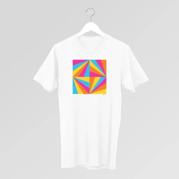 A T-Shirt Max Bill, 1991 in white hangs on a hanger, showcasing a vibrant geometric design with overlapping triangles in blue, pink, orange, and yellow centered on the chest.