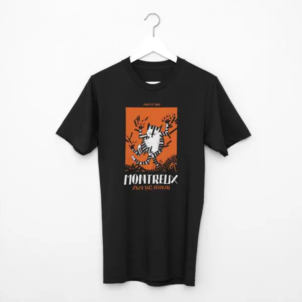The "T-Shirt Tomi Ungerer, 1993" features an abstract black and white cat graphic on an orange background, with "MONTREUX JAZZ FESTIVAL" in bold white letters underneath. Displayed on a hanger.