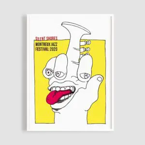 Bold yellow poster featuring a surreal, hand-shaped creature with three eyes, open mouth, and tongue out. Text reads: Poster Silent Shores by Bruno Gaeng.