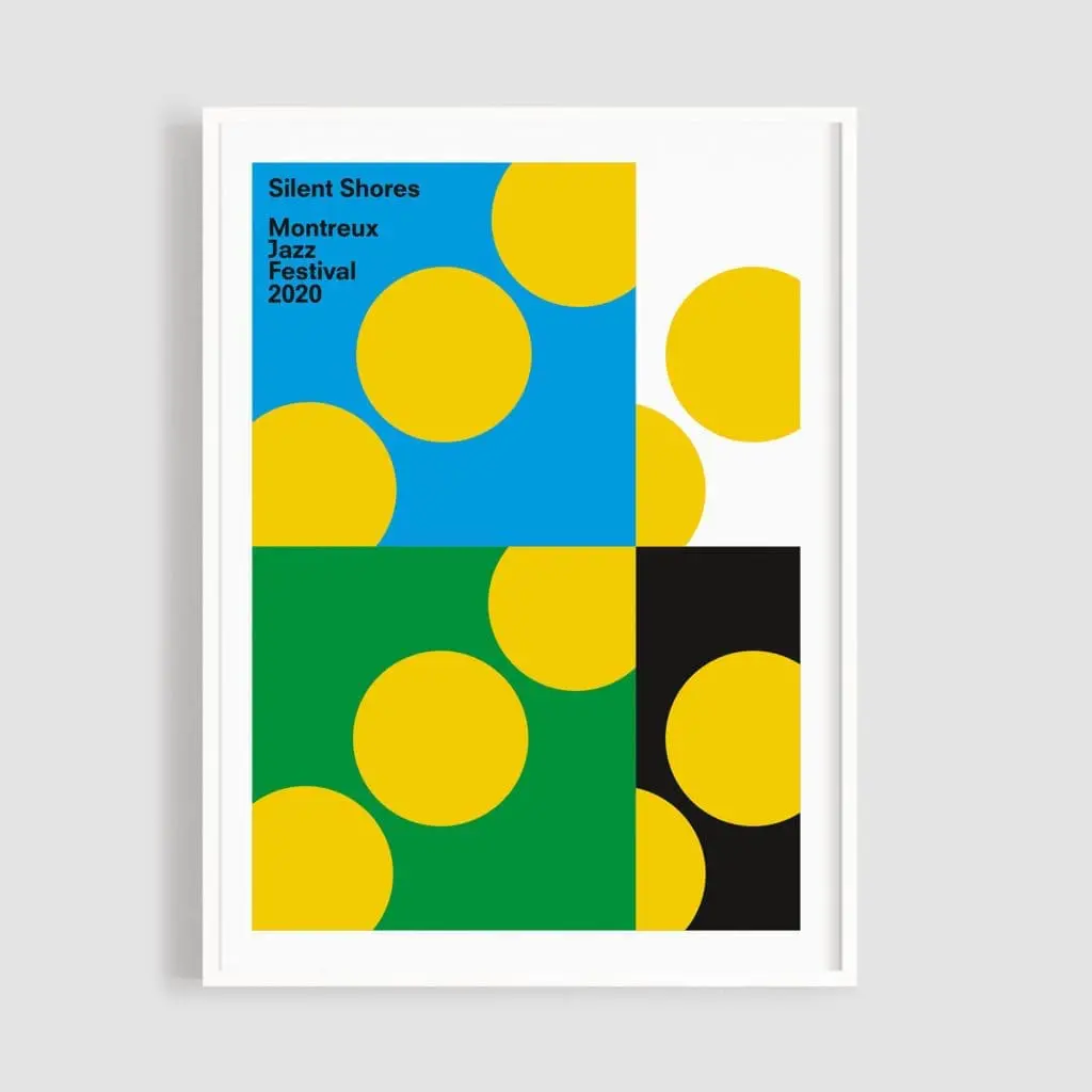 Une affiche minimaliste intitulée "Affiche Silent Shores, Francis Baudevin" présente de grands cercles jaunes sur des carrés bleus, verts, noirs et blancs, avec une typographie moderne en gras dans le coin supérieur gauche.