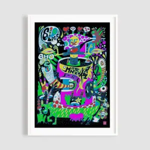 Poster Silent Shores by Giovanni Riva displays a colorful abstract design with cartoon-like shapes, faces, and bold neon lines on black, framed in white and shown against a light gray wall.