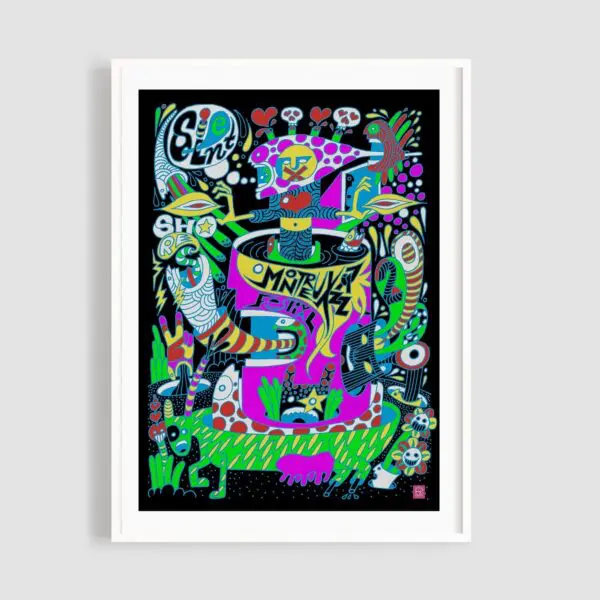 Œuvre d'art abstraite colorée inspirée par Affiche Silent Shores, Giovanni Riva, avec des formes, des visages et des motifs fantaisistes en vert néon, rose, bleu, violet et jaune sur fond noir. Encadré en blanc pour un aspect ludique et énergique.