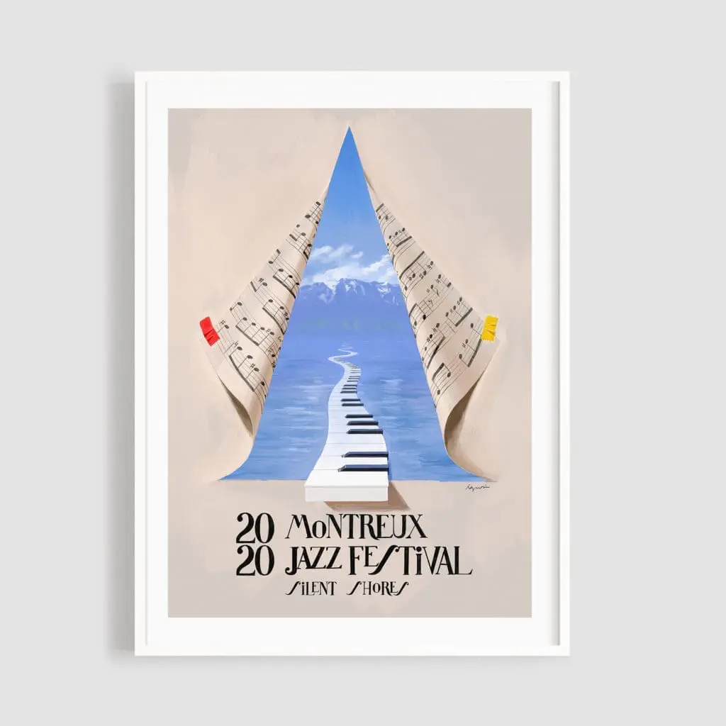 Affiche Silent Shores, Ignasi Monreal : une partition déchirée révèle un chemin bleu en touches de piano menant à des montagnes et à un lac, avec le texte "Montreux Jazz Festival" et "Silent Shores" en dessous.