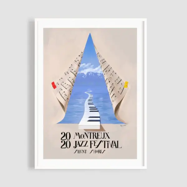 Affiche Silent Shores, Ignasi Monreal : une partition déchirée révèle un chemin bleu en touches de piano menant à des montagnes et à un lac, avec le texte "Montreux Jazz Festival" et "Silent Shores" en dessous.