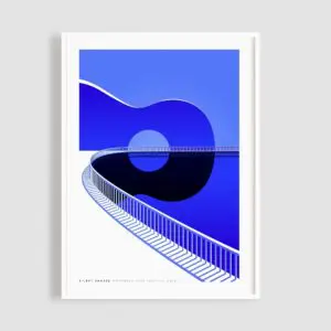 Affiche Silent Shores par Malika Favre : une promenade sinueuse, des cordes de guitare et un soleil forment une silhouette de guitare sur un dégradé de bleu. Texte : Silently Shook - Montreux Jazz Festival 2020.